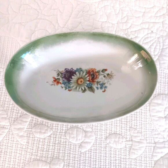 Antique G.H.O. Bavaria Lusterware Oval Dish Floral Center Green Iridescent Rim - Picture 4 of 8